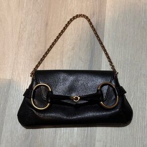 Gucci Black Leather Horsebit chain clutch
